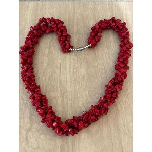 Dyed Red Coral Twisted Strands Beaded Necklace Screw Clasp 16"